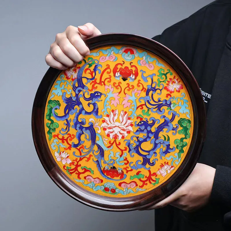 Big red rosewood inlaid enamel color dragon and phoenix round text mahogany Chinese dry tea study storage