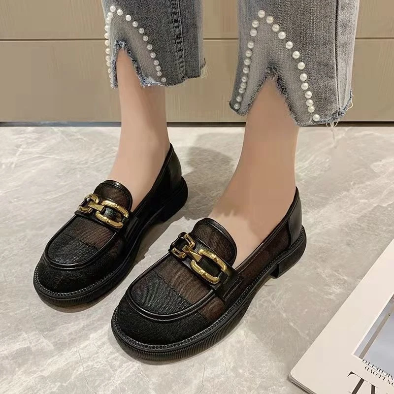 

Women's 2026 Summer New Loafers JK Style Thick Sole Round Toe Chunky Heel Mesh Vented Breathable Leather Shoes