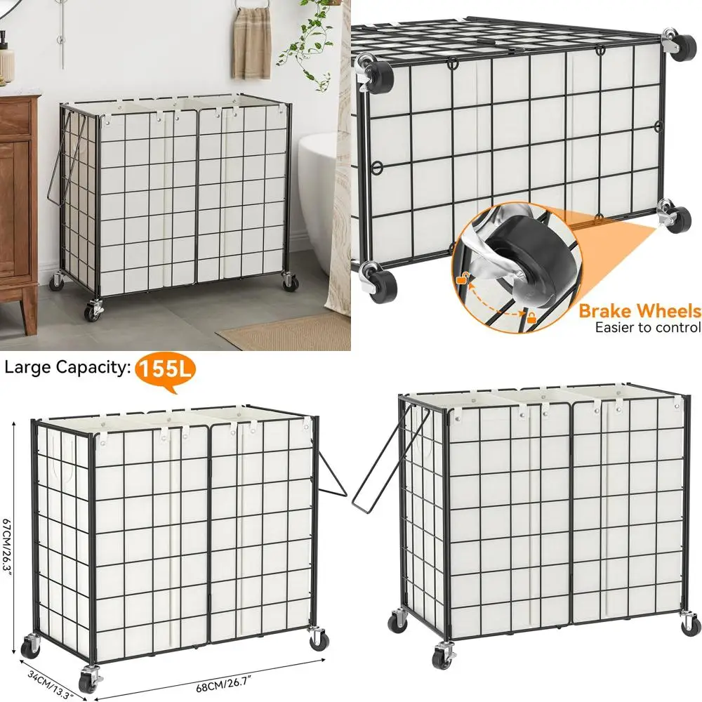 

Rolling 3-Section Metal Laundry Hamper, 150L Capacity, Removable Bags, Ideal for Dorm & Home Storage in Black/White