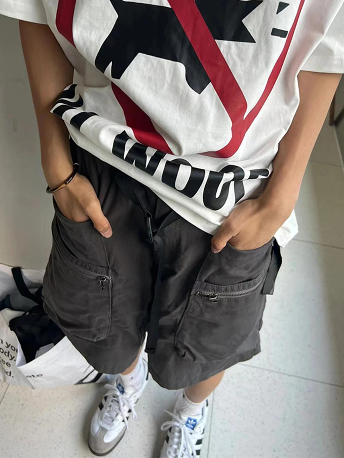 

Retro American Waed Zipper Workwear orts Men Summer Trendy Brand Functional Loose Casual Five-Quarter Mid-Pants