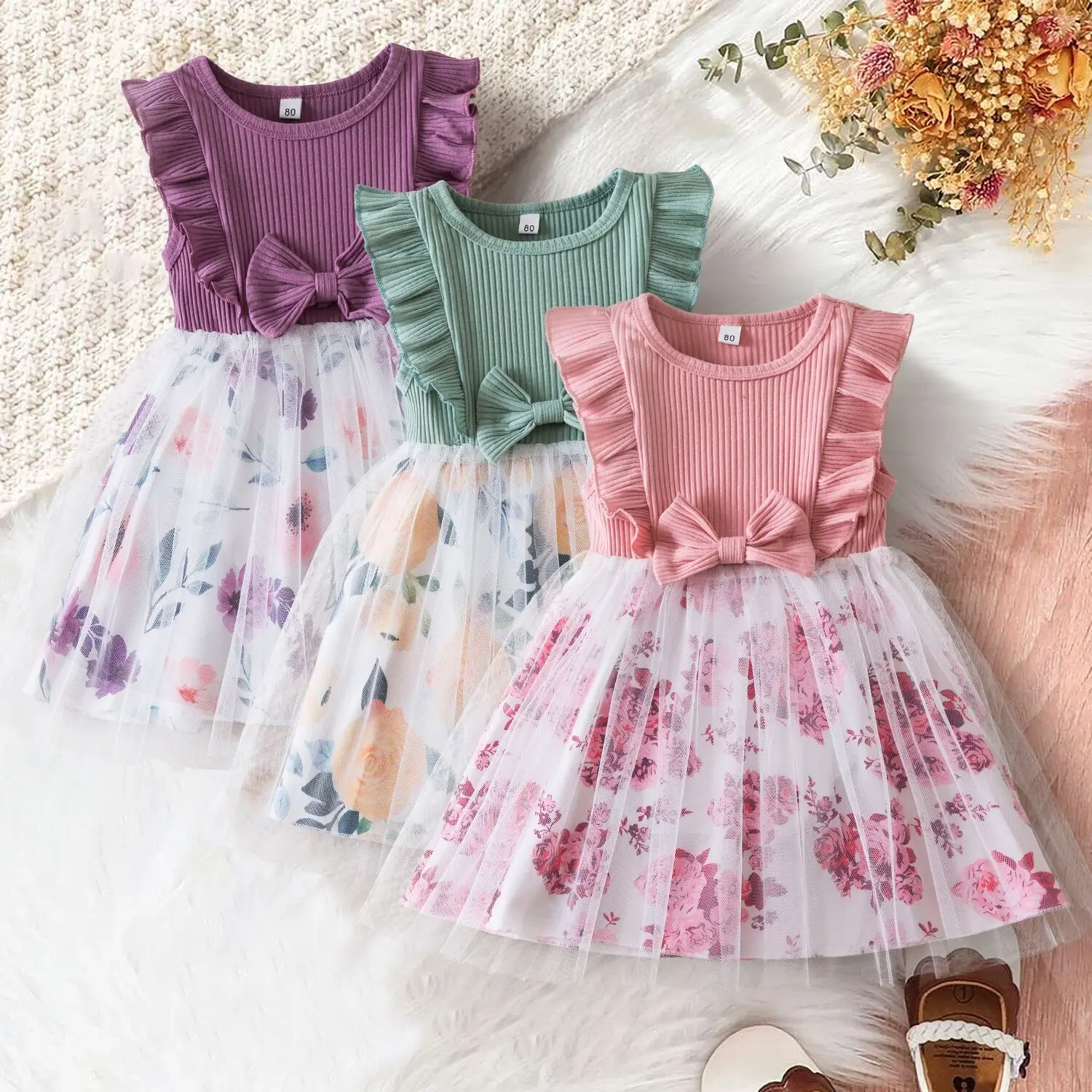 Summer 2024 New Solid Color Sleeveless Dress 1-5Yrs Baby Girls Lace Tutu Patchwork Flower Print Mesh Dress Children's Clothes