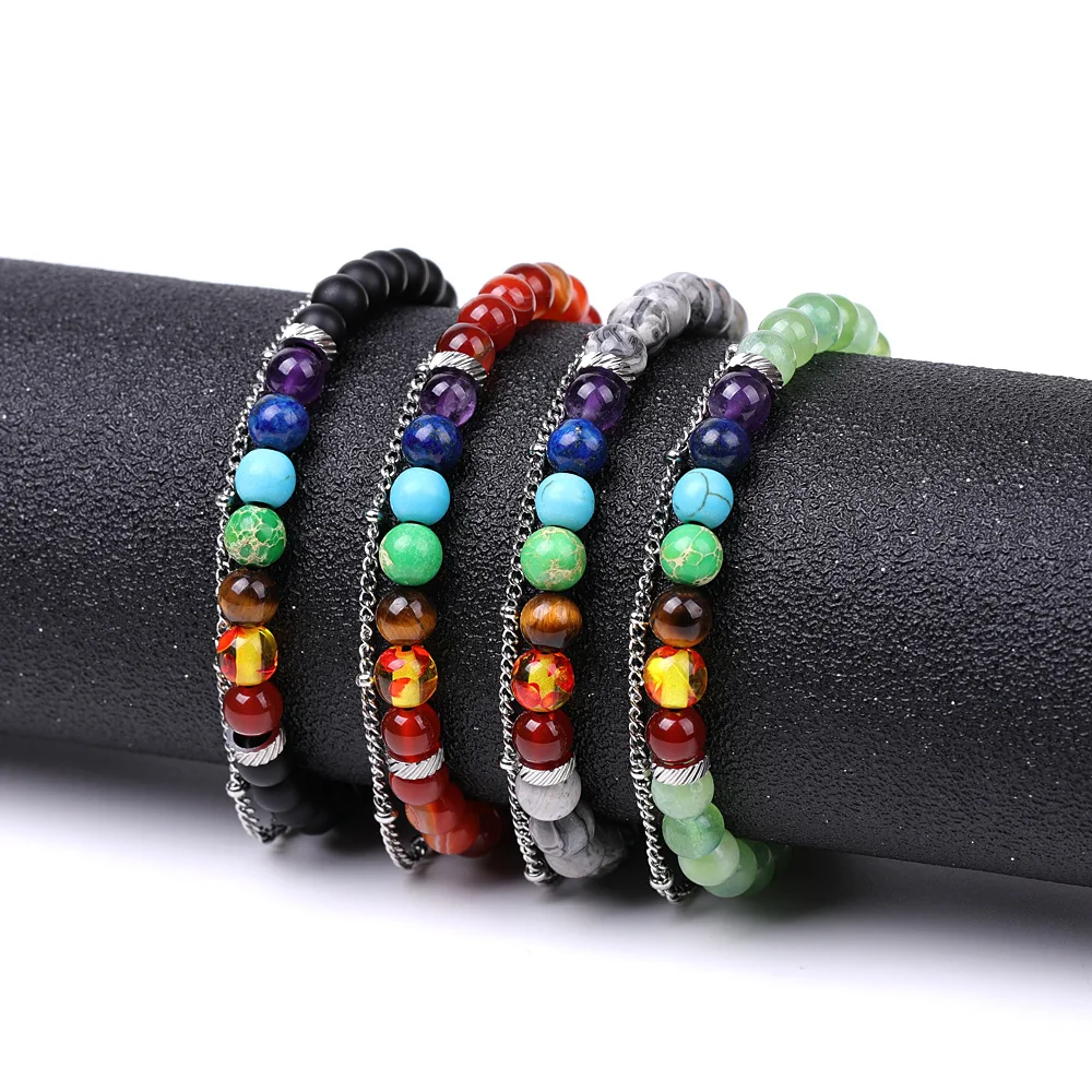 Women Men Woven 6mm Seven Chakra Stone Beaded Bracelet  Stainless Steel Chain Love Mom Day Family Mother Day Gift