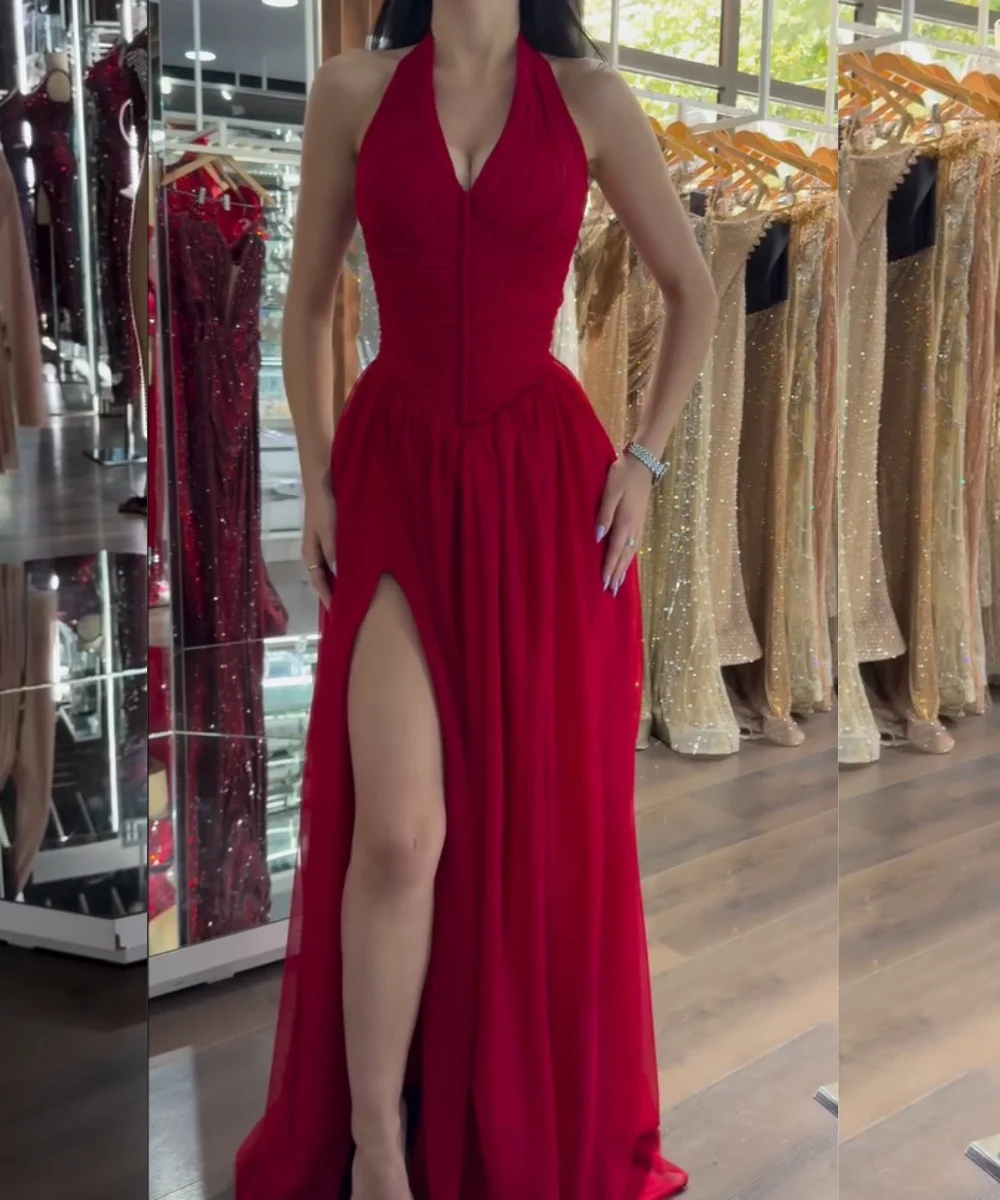 

Customized Exquisite Chiffon Pleat A-line Halter Long Prom Dresses Bespoke Occasion Elegant Sizes Available