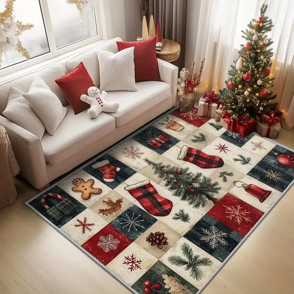 2D Flat Christmas Patchwork Area Rug, Vintage Plaid Sock Gingerbread Snowflake Print, Floor Decor for Living Room Bedroom