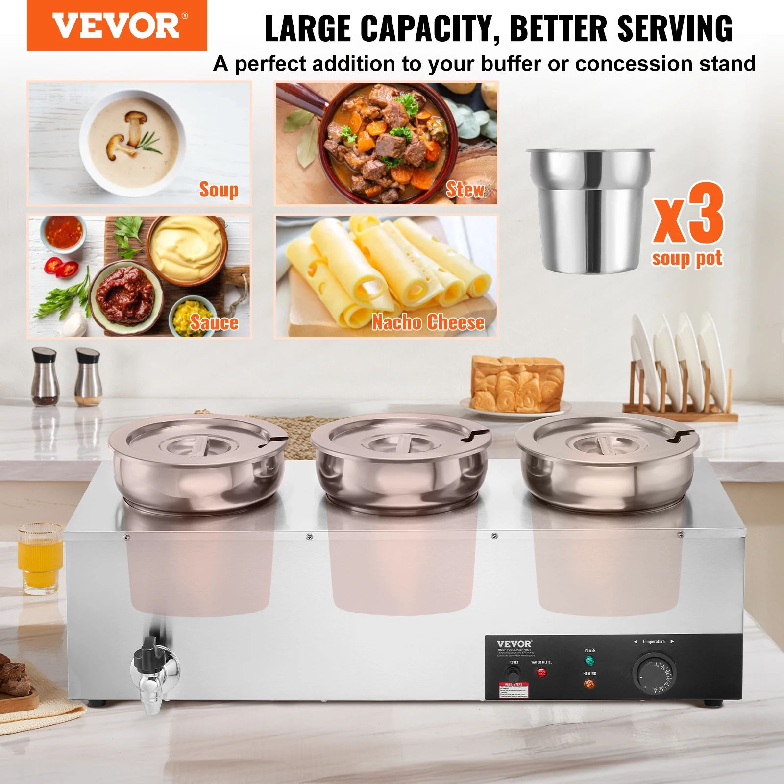 VEVOR Electric Soup Warmer, 3 X 7.4QT Stainless Steel Round Pot, 1200W Food Warmer, 86~185°F, w/ Anti-Dry Burn and Reset Button