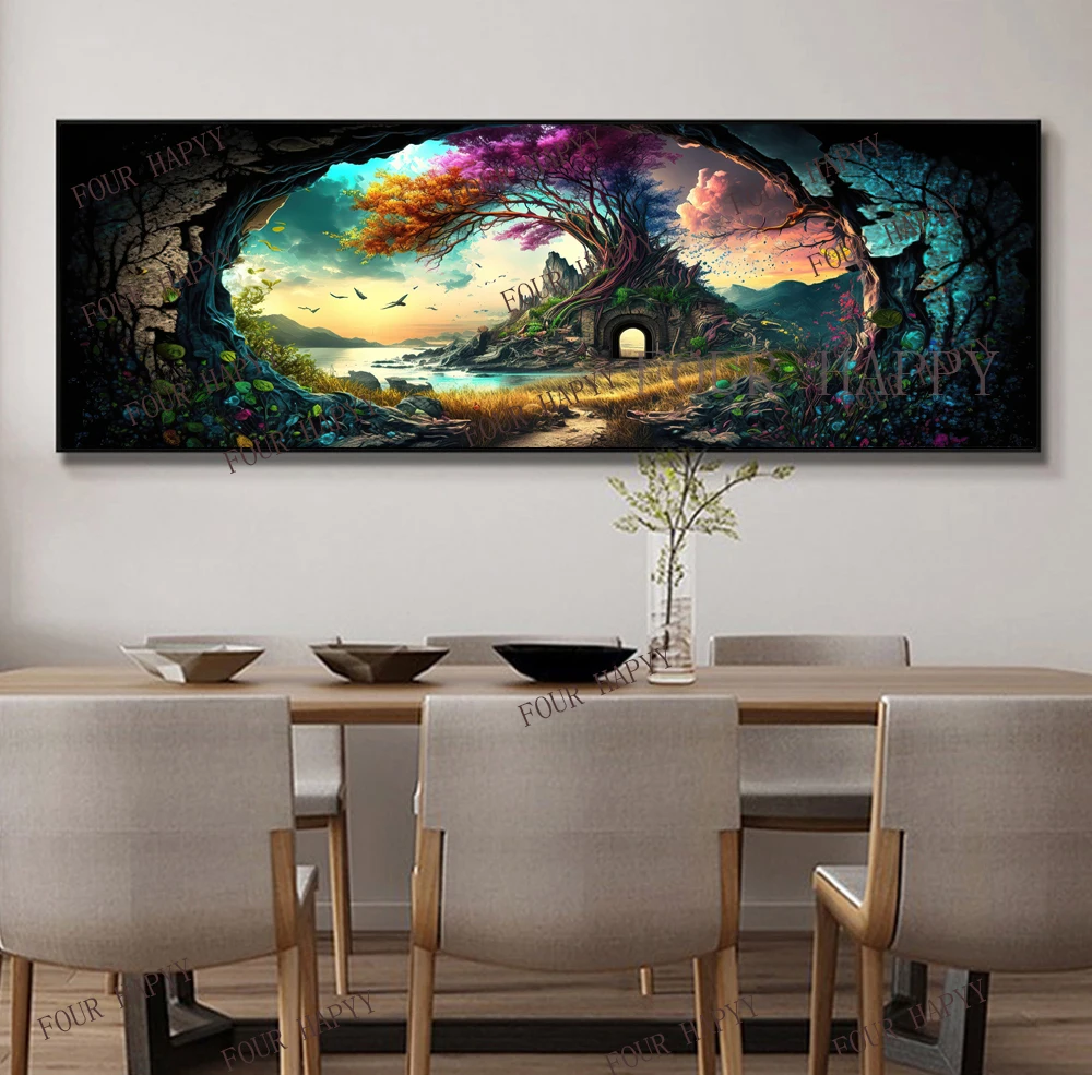 5D DIY Large Diamond Painting Cross Colorful Fantasy Forest Landscape Wall Art, Full Round Drill, Embroidery Home Decor