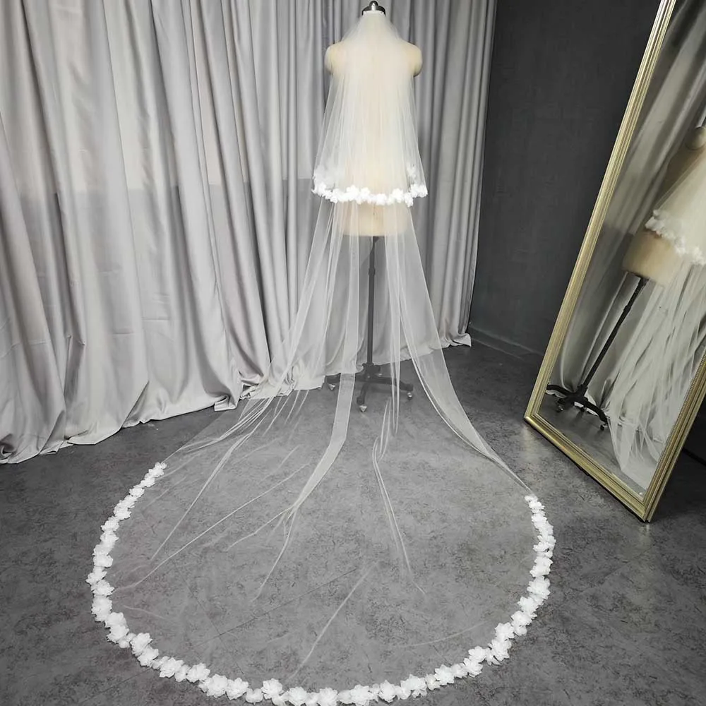 Real Photos Wedding Veil with Pearls 3D Flowers 2 Layers 3M Long Bridal Veil with Blusher Ivory Bride Veil Wedding Accessories