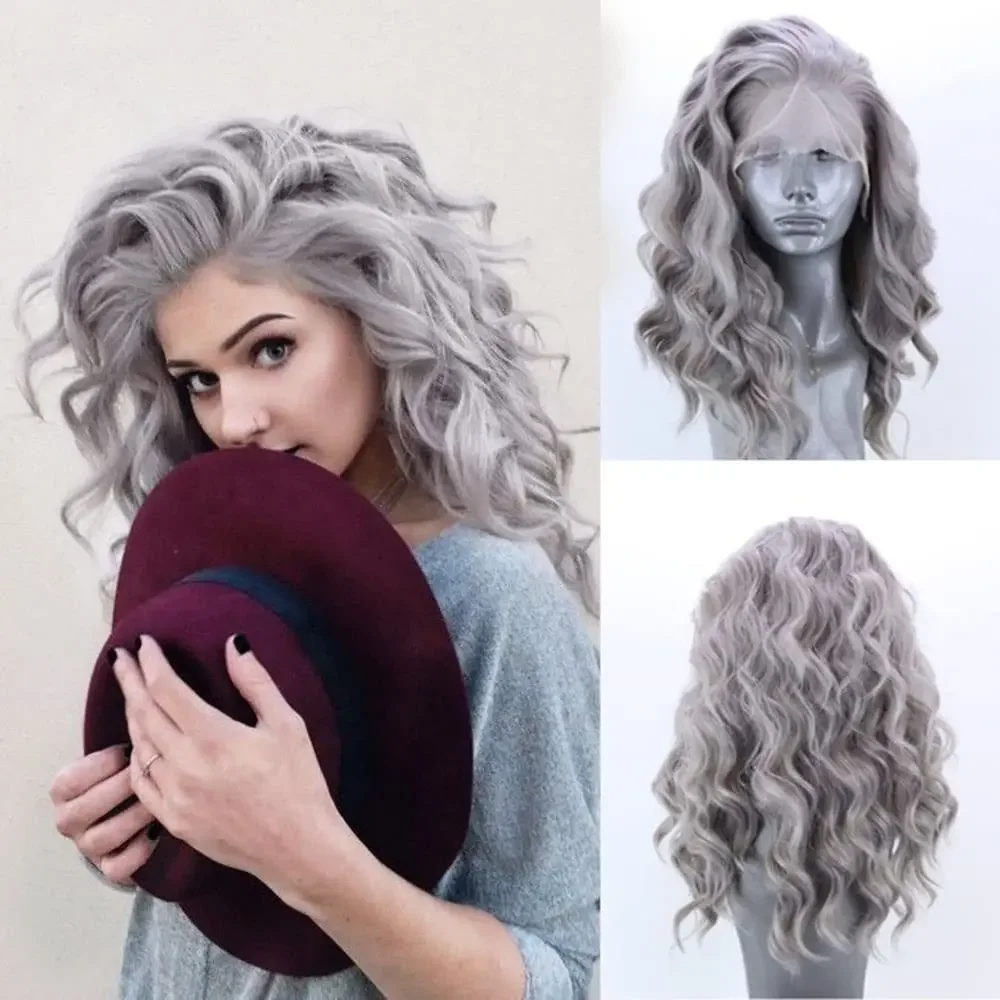 AIMEYA Synthetic Lace Front Wigs Silver Short Wave Wig for Women Brown Pink Blue Color Synthetic Lace Wig Cosplay Short Lace Wig