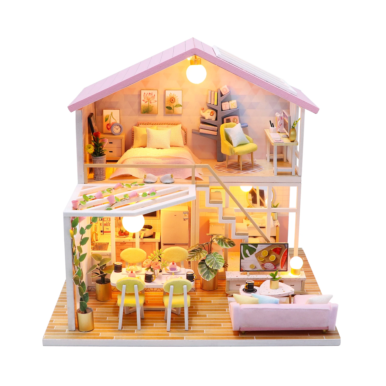 

Newest Design American Vintage Style Gift Set DIY Miniature Garden Dollhouse Doll Houses With Light and Furniture for Kids