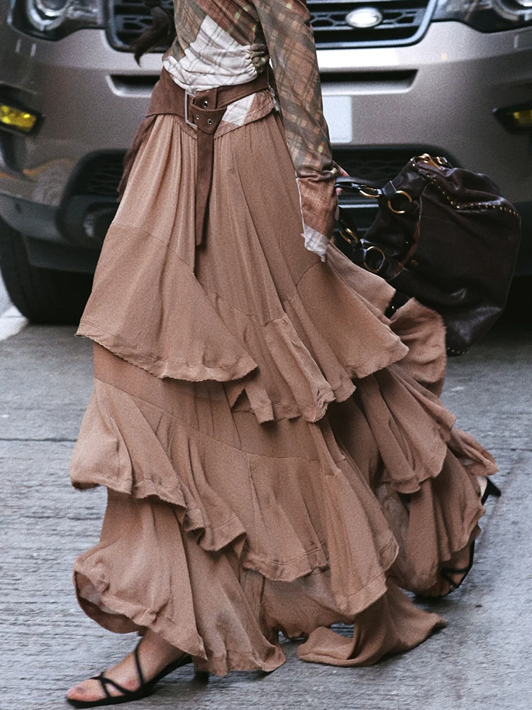 

Винтажная юбка Gentle Wind, многослойная юбка длиной до пола с кружевной отделкой, мягкая юбка трапециевидной формы с низкой талией, юбка из полиэфирного волокна