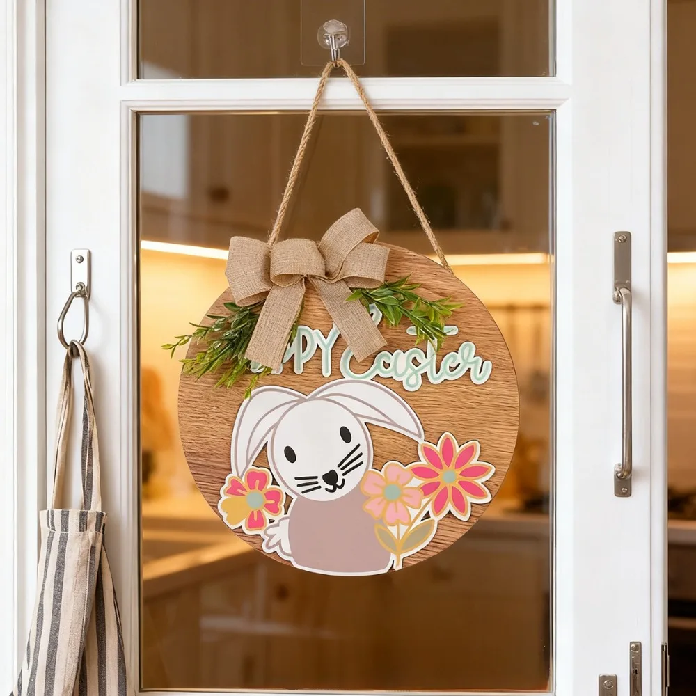 

Easter Wooden Bunny Hanging Sign Decor Happy Easter Door Ornament Home Wall Rustic Bow Plant Decorative Plaque Festival Party
