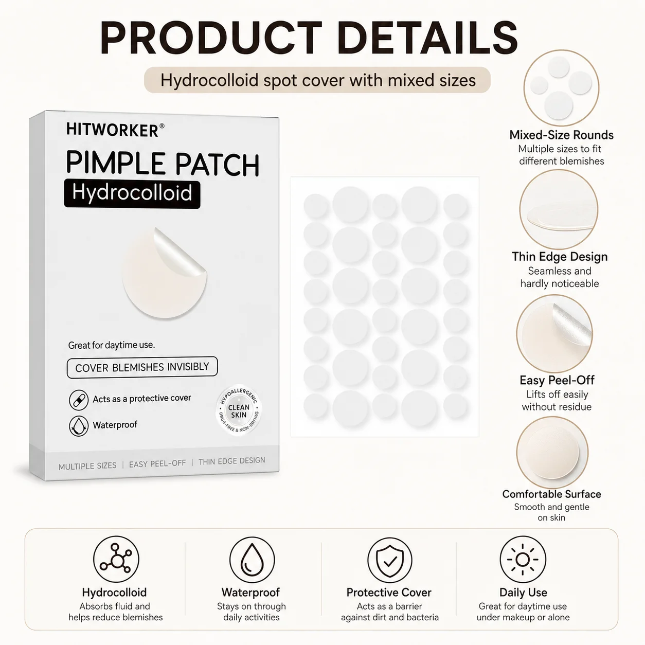 HITWORKER Hydrocolloid Pimple Patch Invisible Spot Cover, Mixed Sizes, Thin Edge, Easy Peel-Off, Waterproof for Day & Night Uses
