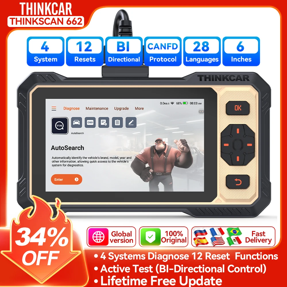 THINKCAR THINKSCAN 662 4 System Car Diagnostic Tool Auto Scanner 12 RESET Bi-Directional Control CAN FD Obd2 Code Reader