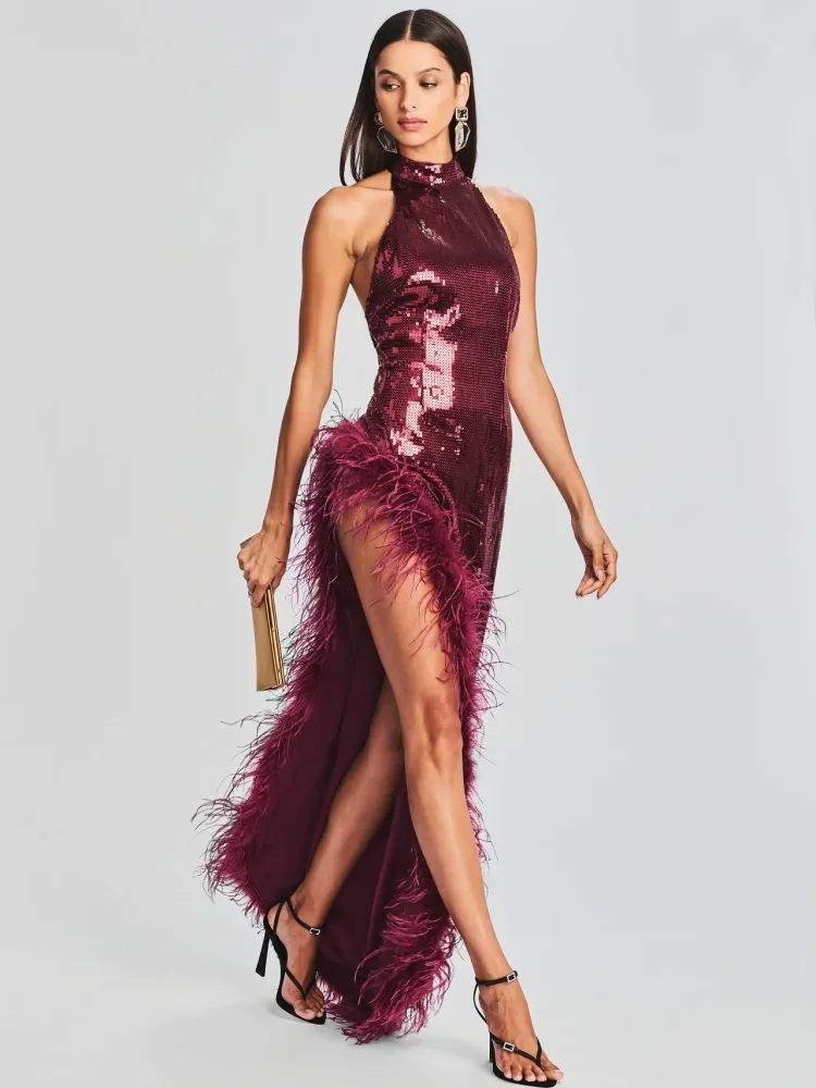 

Sexy Halter Luxury Feather Sequin Long Dress Women Wine Red Sleeveless Backless High Slit Maix Dress Celebrity Evening Christmas