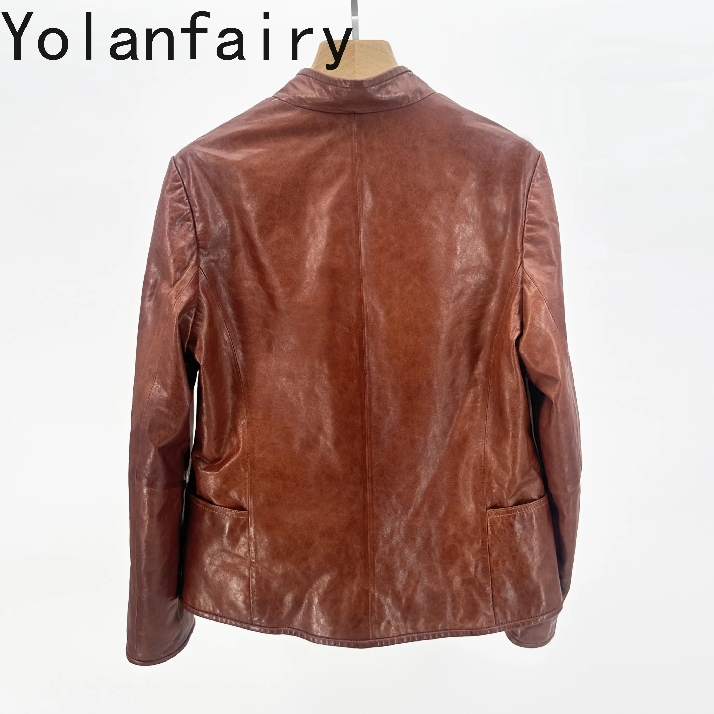 YOLANFAIRY Fashion100% Genuine Leather Jacket Women Elagnt Short Oil-waxed Sheepskin Real Leather Coat Spring Fall jaqueta couro