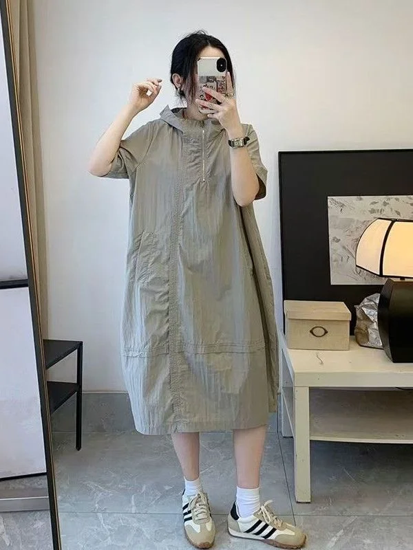 

plus Size 260 Pou Fat MM Hong Kong Sle Retro Hooded Sun Protection Workwear Dr Women Loose Belly Cover Long Summer Dr