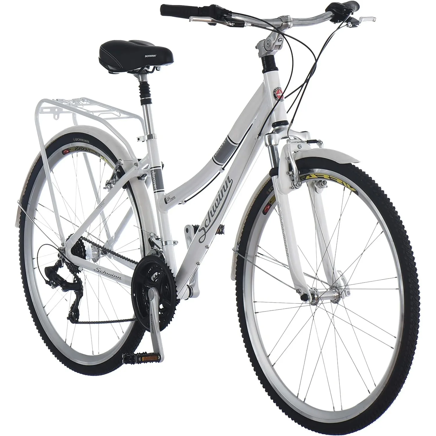 

Schwinn Discover Hybrid Bike, 700c Wheels, 21-Speeds, Step-Through or Step-Over Frame, Front and Rear Fenders, Rear Cargo Rack