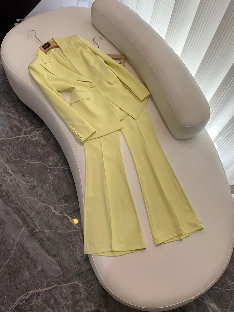 New Designed Lady Office Basic Solid Suit Single Button Slim Fitted Blazer Loose Flared Pants Women 2Pcs Yellow