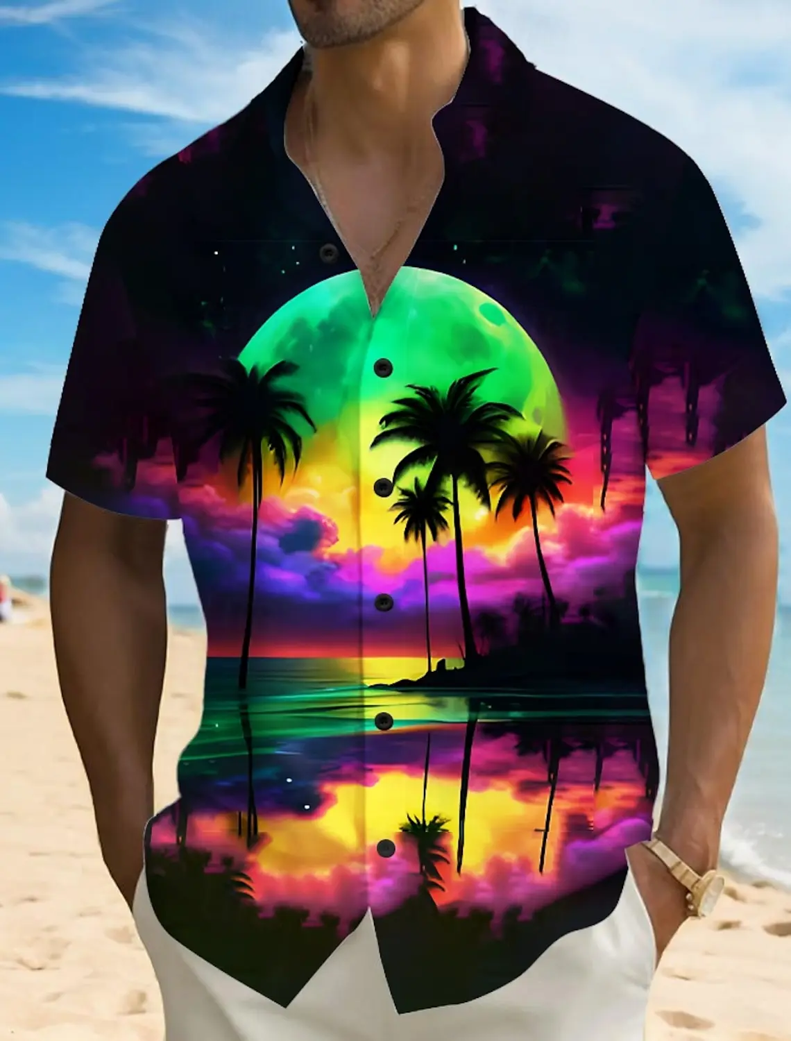 Hawaiian Men's Fashion Shirt, Tropical Plant and Landscape 3D Printed Shirt Men's Summer Casual Button Up Collar Plus Size Shirt