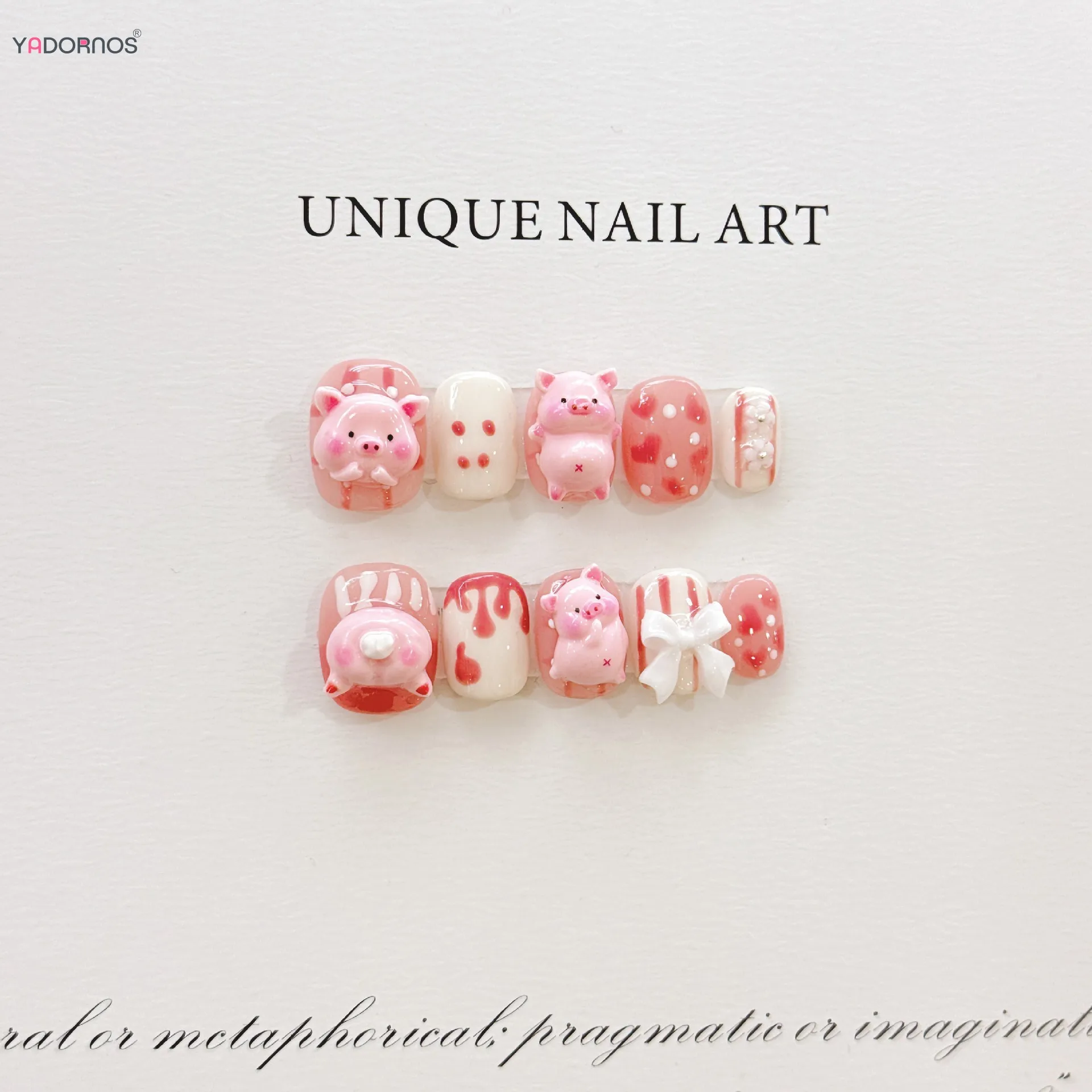 10 szt. Różowa ręcznie robiona prasa na paznokciach urocza kreskówkowa świnka 3D z kokardką krótkie sztuczne paznokcie do noszenia Manicure dla dziewczynek