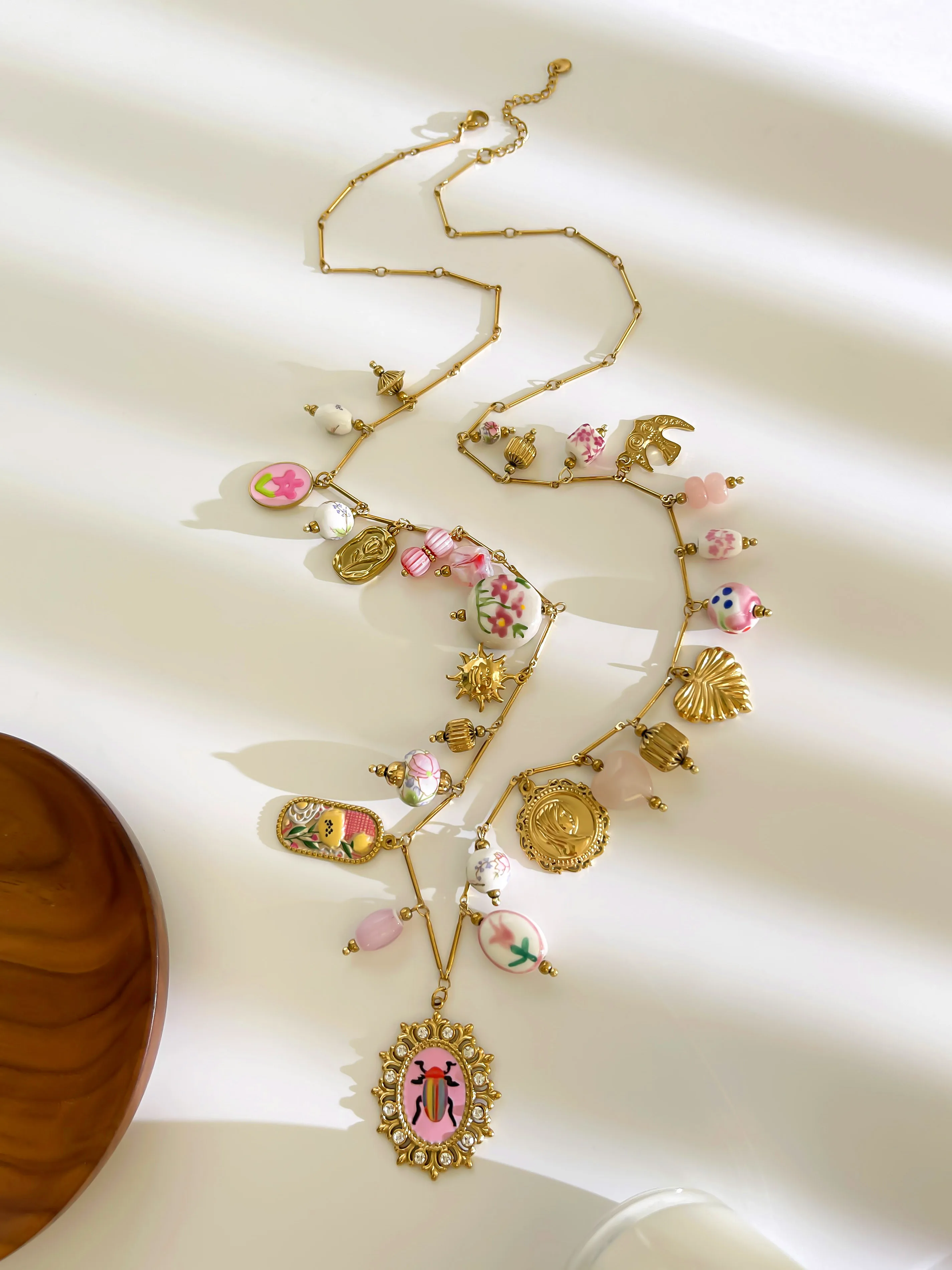 Peri'sbox Long Enamel Glass Ceramic Printed Natural Stone Pendant Necklace  Women Stainless Steel Waterproof Metal Chain Jewelry - view 5