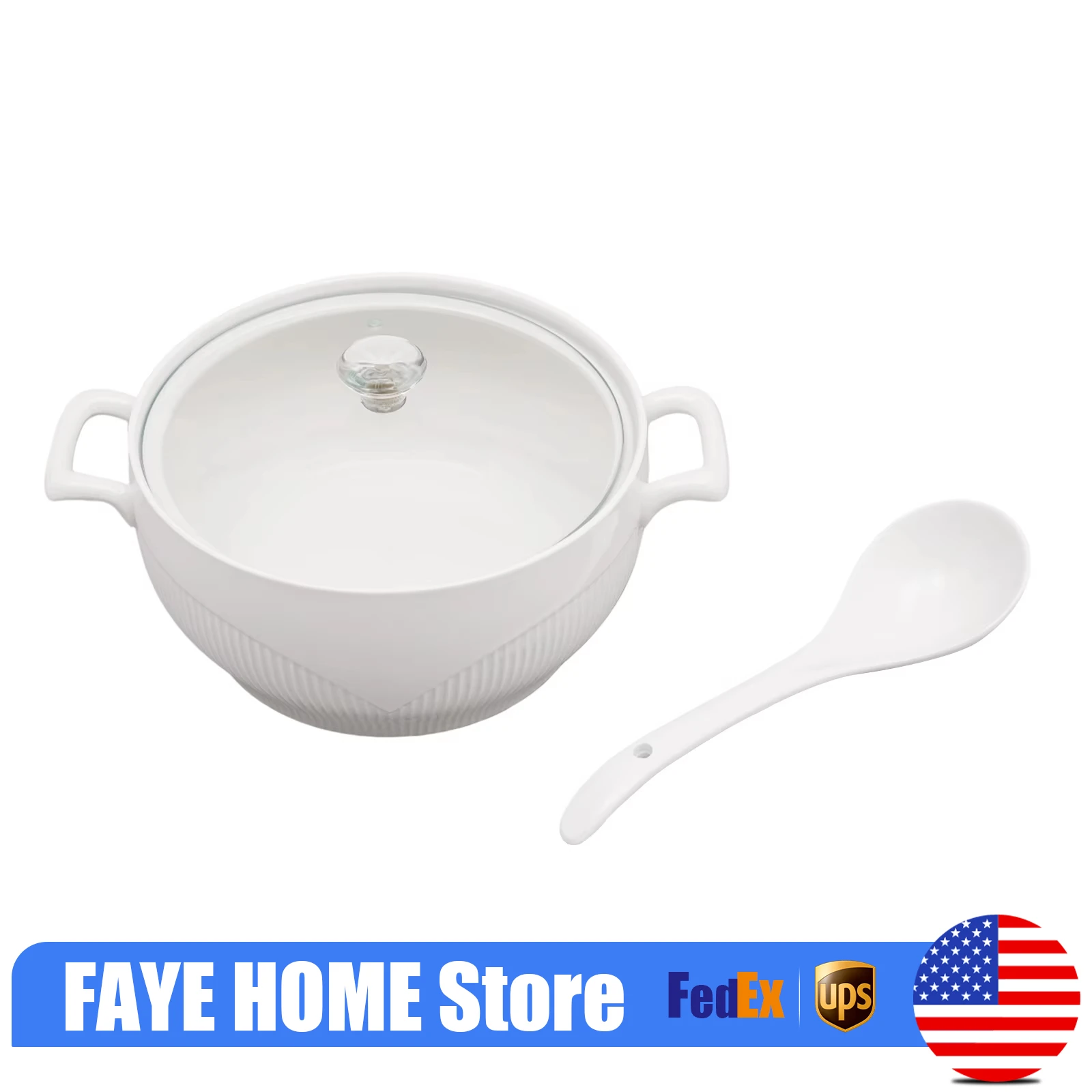 شوربة تورين سيراميك أنيقة مع غطاء زجاجي ومغرفة - تصميم بورسلين متين