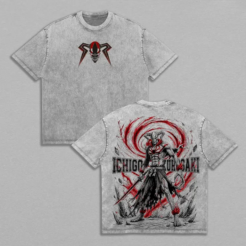 Hot Anime BLEACH Kurosaki Ichigo Print T-shirt Men Short Sleeve Clothing Cotton Tshirt Washed T Shirt Male Summer Manga Tops