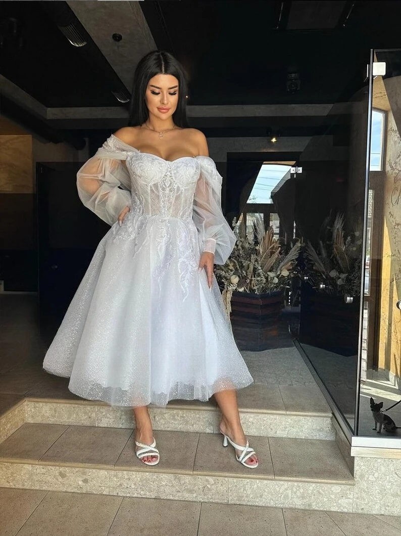 Tea Length Elopement Dresses Corset Rehearsal Dinner Wedding Dresses Sleeve Lace Bridal Simple Wedding Dress White Bridal Dress
