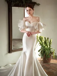 Satin Light Wedding Dress 2022 New Bride's Off Shoulder Backless Sexy Retro Fishtail Simple Atmosphere Elegant Wedding Dress