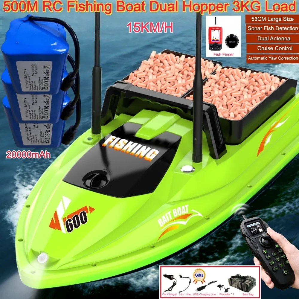 53CM Sonar Fish Finder 500M Remote Control Fish Boat 3KG Load Dual Hopper Color Screen Fixed Speed Cruise High Speed Bait Boat