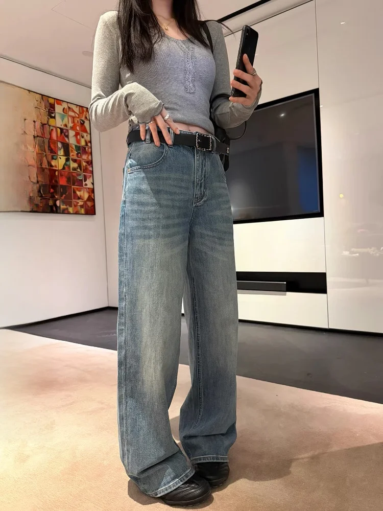 

EKOOL Mid-High Waist Distred Waed Women's Jeans Loose Straight Leg Long Pants Spring Faion Comfortable Breathable Cotton