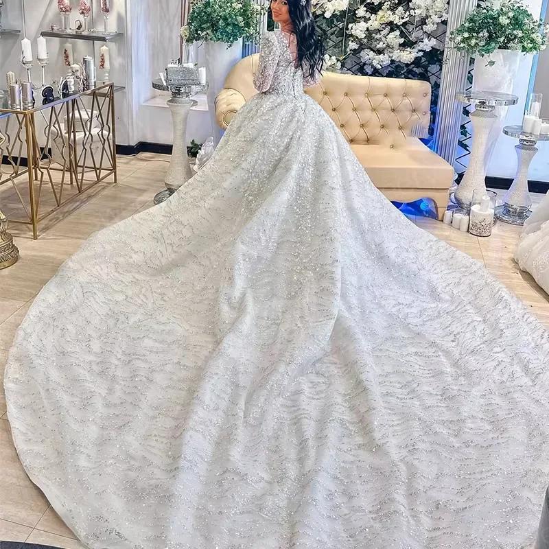 Flavinke カスタマイズされたビーズのウェディングドレスオーガンザ刺繍スパンコール夜会服 O ネックフルスリーブブライダルレースアップ Vestido デ ノビア