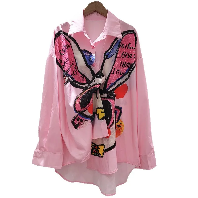 Trendy Brand Cartoon Long-sleeved Shirt 2025 Autumn New Loose Heavy Industry Hot Diamond Single-breasted Lapel Shirt Top