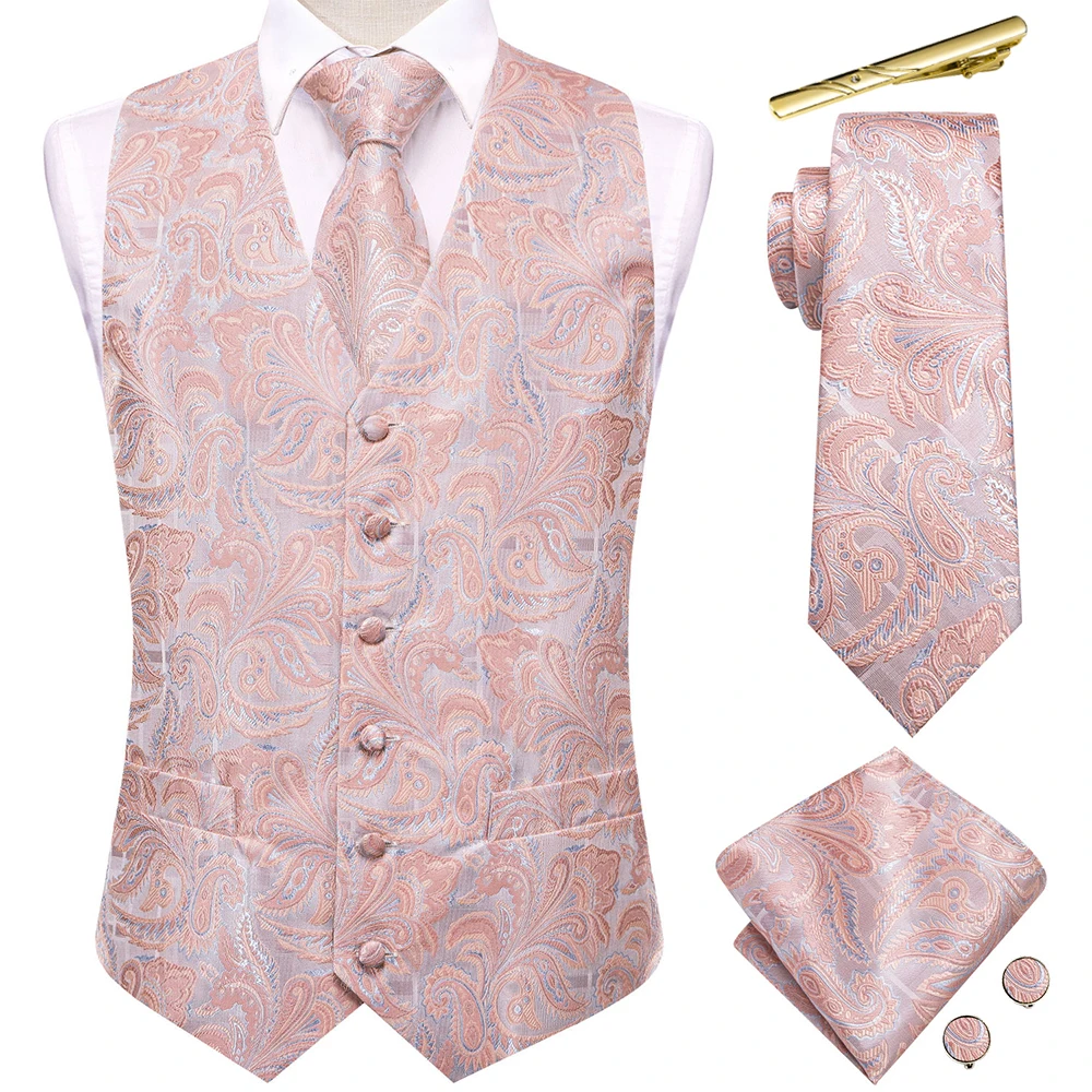 

Coral Pink Paisley Silk Men Vest Sleeveless Jacquard V-Neck Waistcoat Necktie Hanky Cufflinks Clip Wedding Business Party Hi-Tie