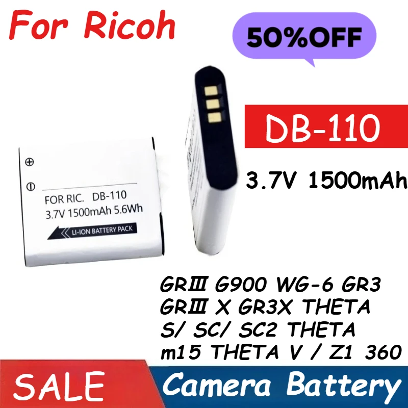 

3.7V 1500mAh DB-110 Battery For Ricoh GRⅢ G900 WG-6 GR3 GRⅢ X GR3X THETA S/ SC/ SC2,THETA m15,THETA V / Z1 360 Spherical Camera