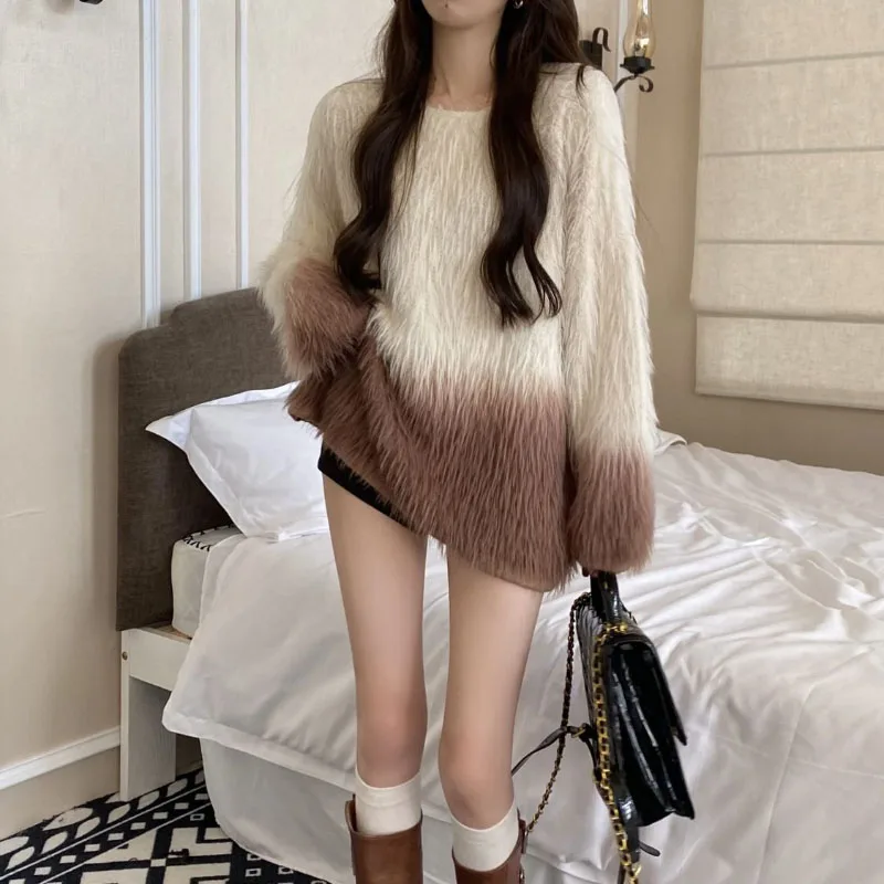 Gradient Soft Waxy Long Sweater Jacket Women Outer Wear Autumn Winter Imitation Mink Velvet Knitwear Loose Warm Pullover Sweater