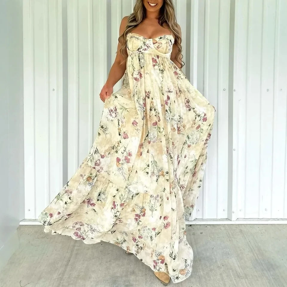 

2026 New Tube Top Print Long Skirt Waist Cinched Strapless Dress Summer Big Swing Dress Women Elegant Dress Outfit