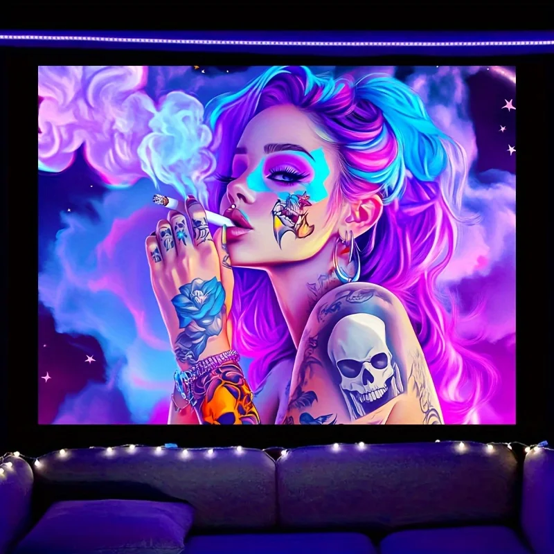 VIKAMA Cyberpunk-Mädchen Wandteppich, Wandbehang für Herrenschlafsäle und Gaming-Räume, Neon-Wanddekoration für Schlafzimmer und Bars