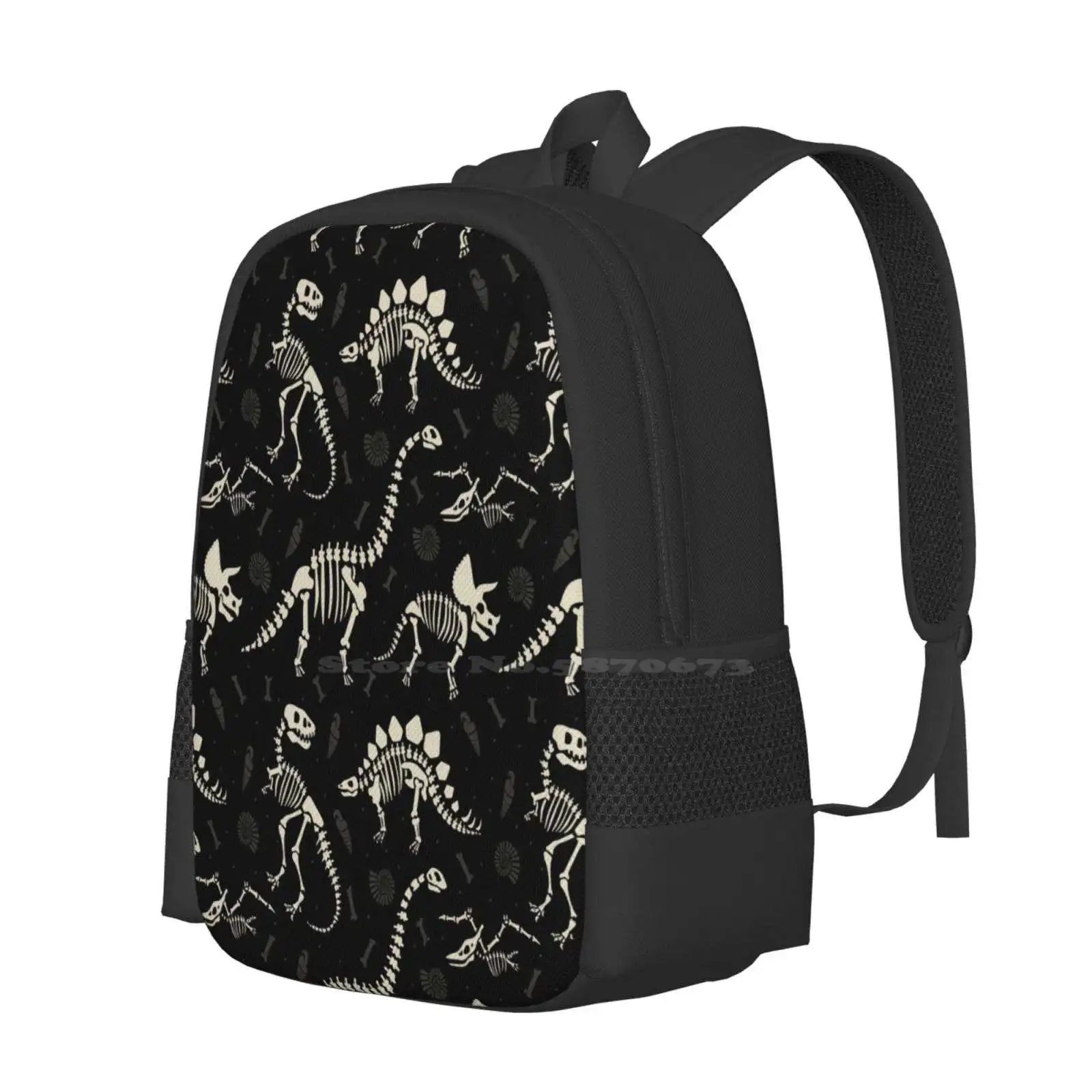 Dinosaur In Black New Arrivals Unisex Bags Student Bag Backpack Halloween Skeleton Pattern Trex T Rex Triceratops Brontosaurus