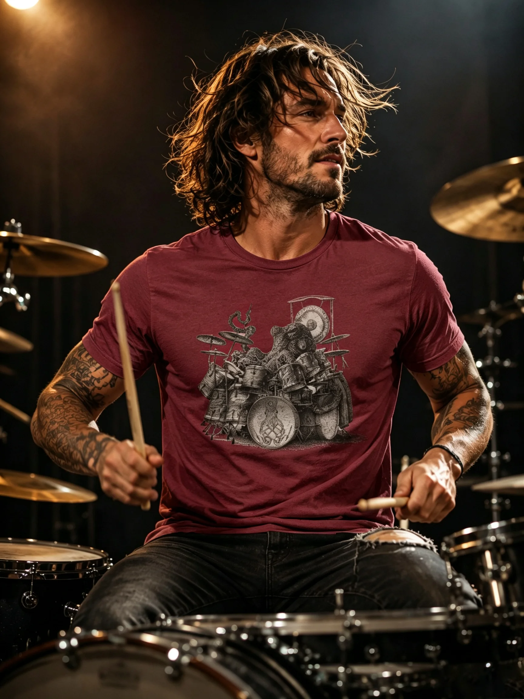 Men Drummer Octopus Graphic T‑Shirt Rock Band Gothic Retro Dark Grunge Edgy Streetwear Polyester Tee Y2K Punk Drum Kit Print Top