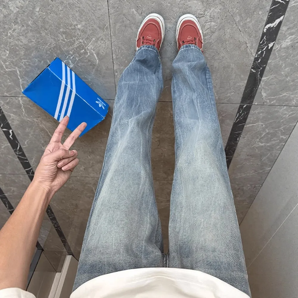 

Retro Blue Lightning Pattern Waed Denim Jeans Men's American High Street Sle Straight Leg Slimming Pants Casual Wear