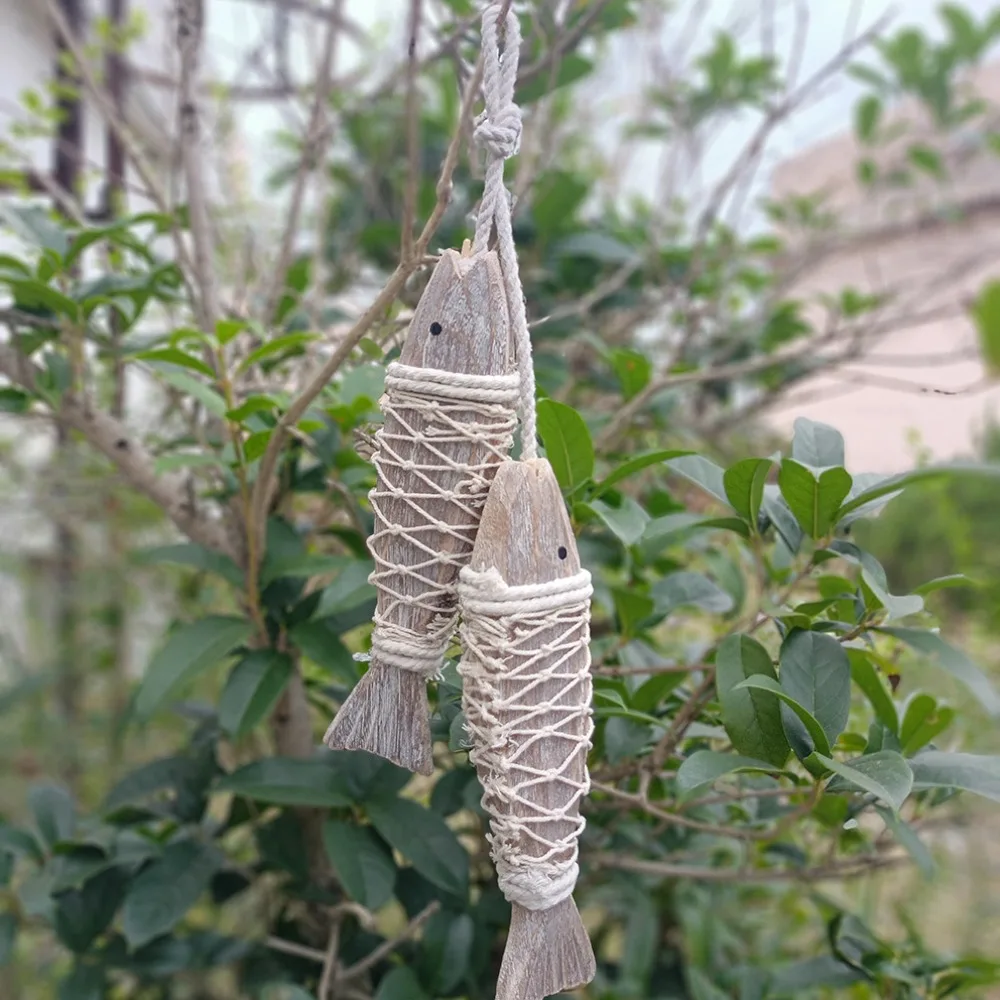 Vintage Mediterranean Fish Ornament Hand Carved Wood Fish Wall Hanging Decor Hanging Wooden Pendant Home