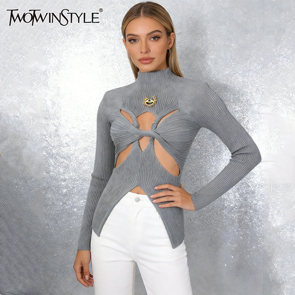 TWOTWINSTYLE Solid Slimming Spliced Sequined Design Sense Sweaters for Women High Neck Long Sleeves Hollow Out Sweater Female