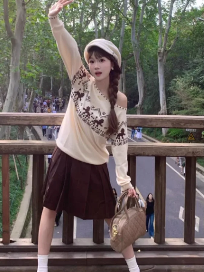 الرجعية معرض جزيرة قبالة الكتف سترة المرأة فضفاضة كسول Sle ملابس خارجية الخريف الشتاء ألياف البوليستر طويلة Sve محبوك irt #2