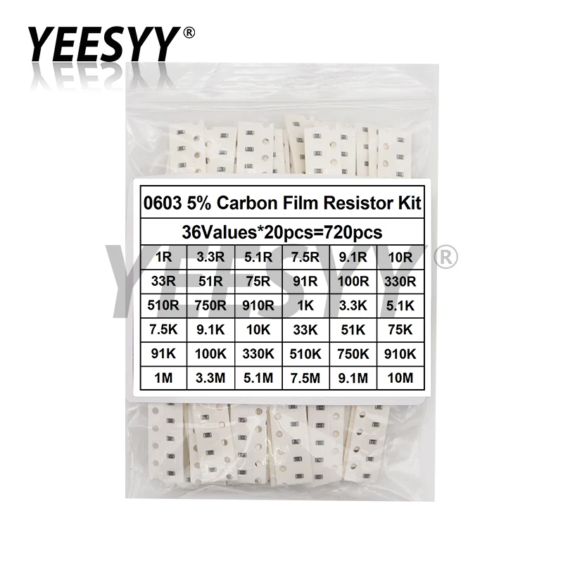 SMD Chip Assorted Resistor Kit, Resistance Sample Set, 1 ohm a 10m, 5% 0603 0805 1206, 36valuesX20Pcs = 720Pcs, 720Pcs