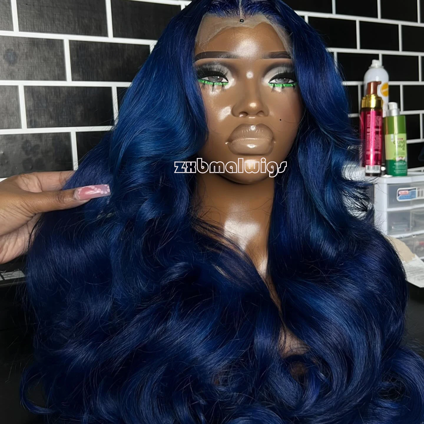 ZXBMALWIGS Long  Synthetic Hair Dark Blue 13X4 Wavy Lace Front Wigs for Women  High Temperature Fiber Lace Wigs Daily Cosplay