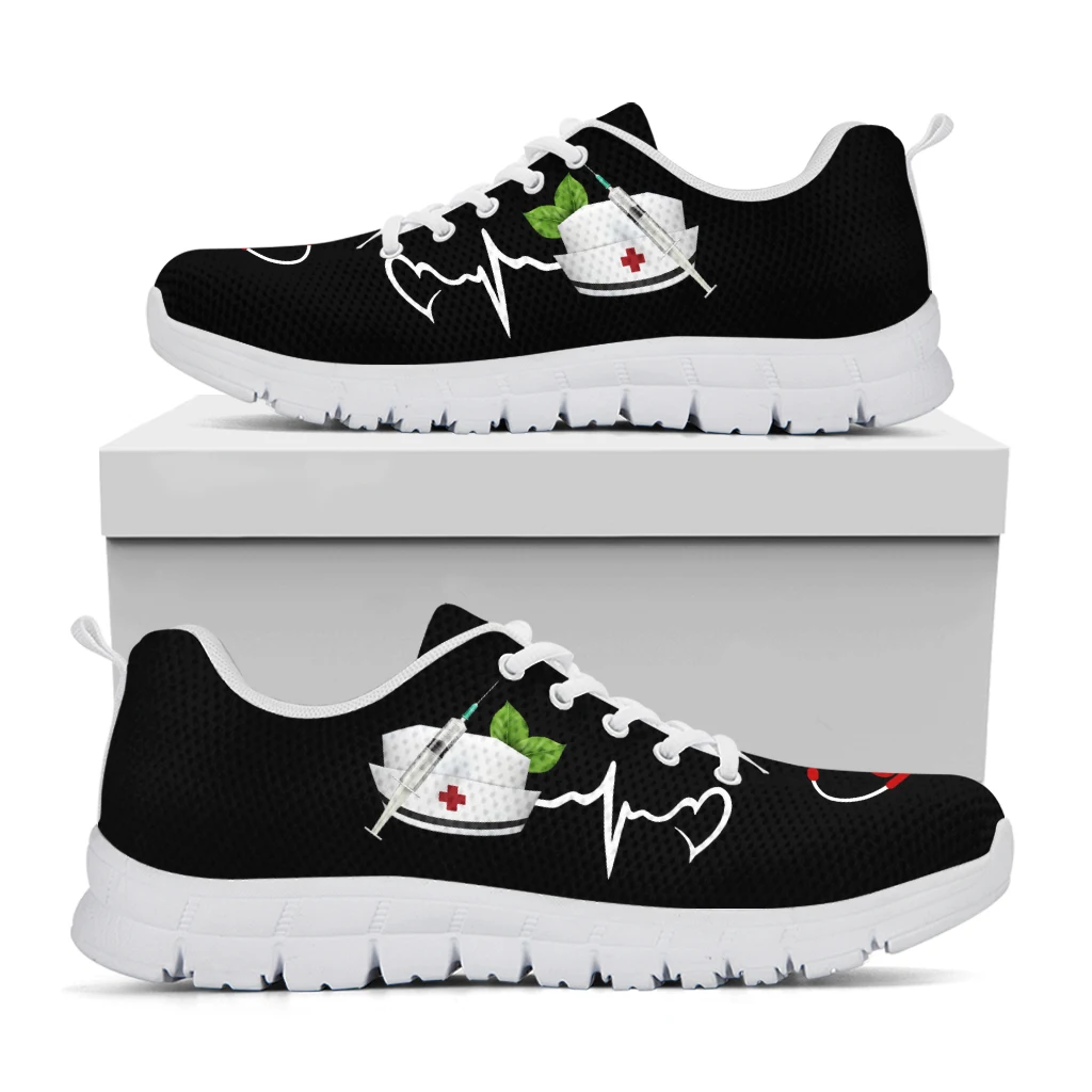 Nurse Cap Print Women Fashion Sneakers Medical Care Design Casual Lace-Up Flat Walking Shoes Breathable Cozy Light Footwear