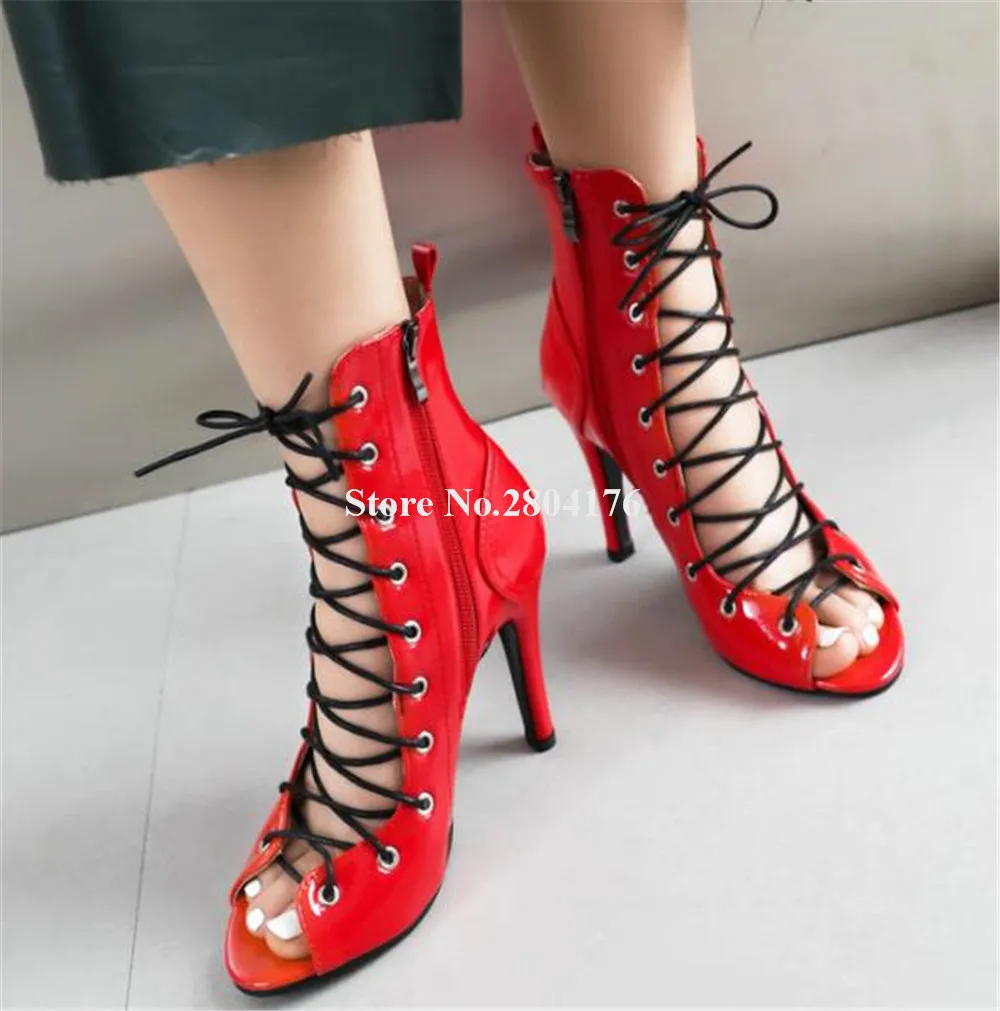 Shining Patent Leather Red Black White Stiletto Heel Short Boots Open Toe Lace-up Thin Heel Ankle Booties