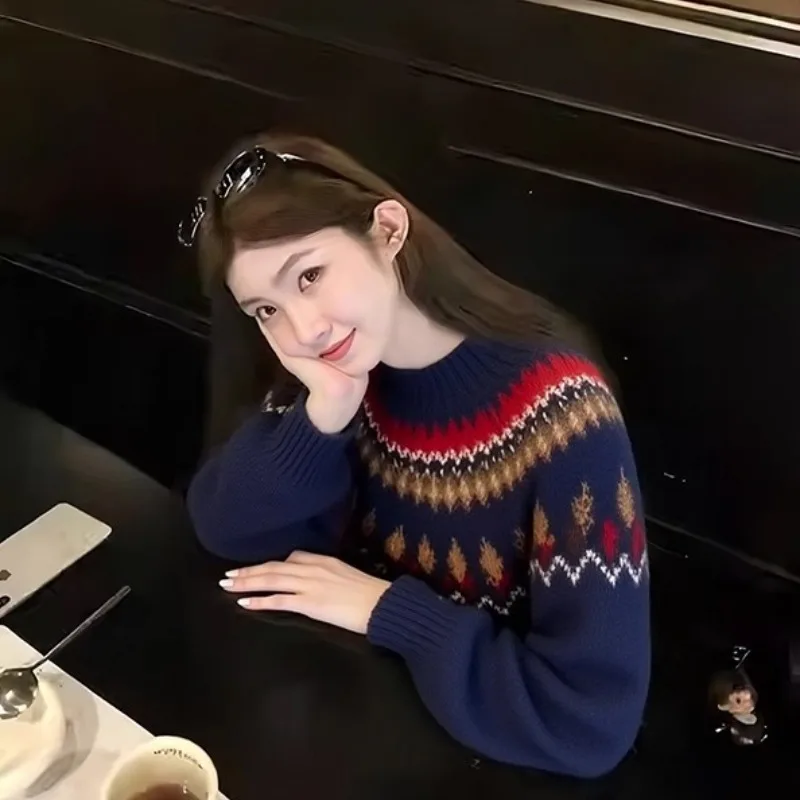 

Thiened round Ne Knitted Sweater Women's Fair Isle Pattern Autumn Winter New Sle Retro Feel Warm Casual Faion Top