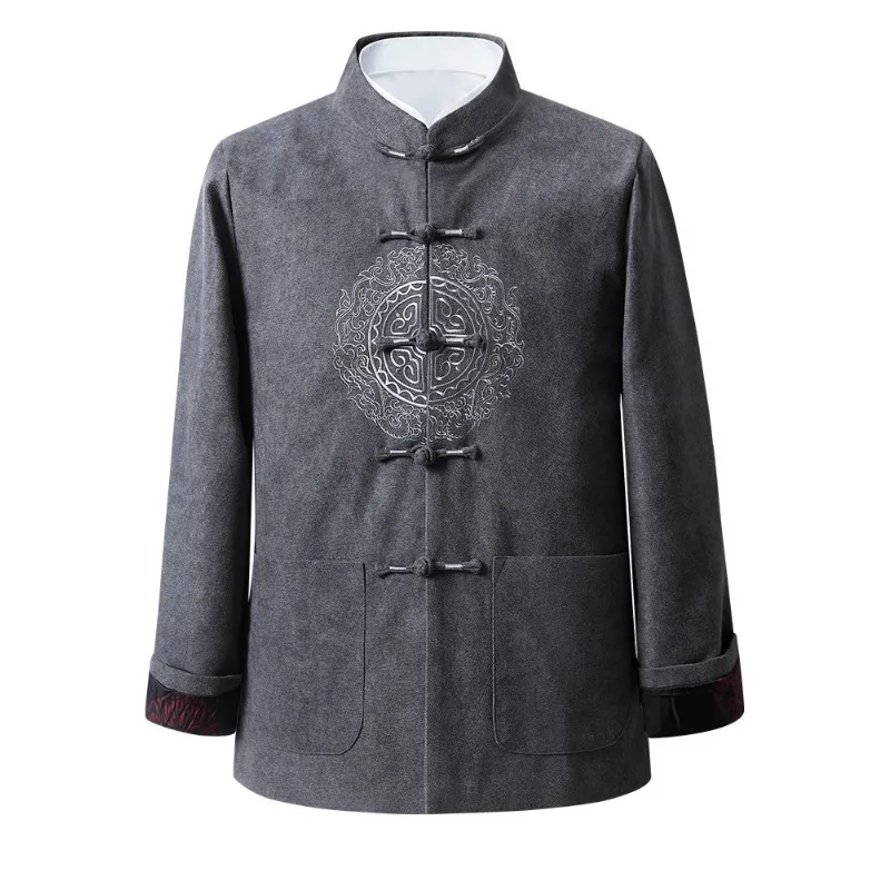 Vintage Jacquard Tang Suit Loose Zhongshan Suit Chinese Coat Spring Autumn Men Long Sleeve Hanfu Jacket Casual Tops